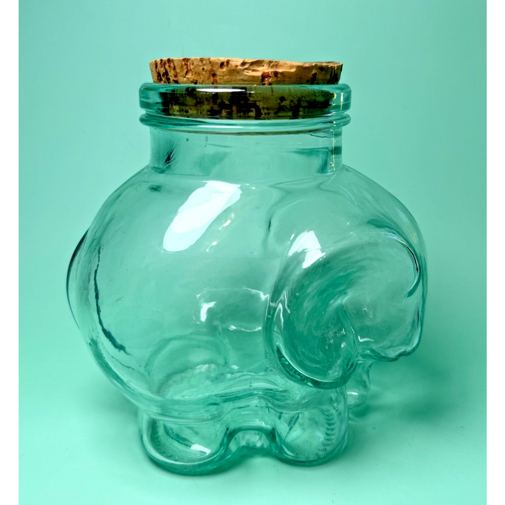 Vintage 7.5" Green Glass Elephant Jar Cork Lid Decorative Storage Made in Italy